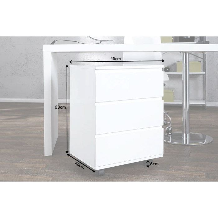 Caisson de bureau SVEA 3 tiroirs sur roulettes – Blanc brillant – 45 x 63 x 40 cm