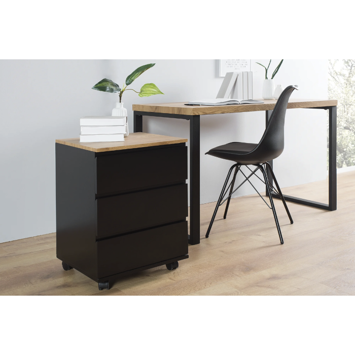 Caisson de bureau ZENTOR 3 tiroirs sur roulettes – Noir et aspect bois – 46 x 63 x 40 cm