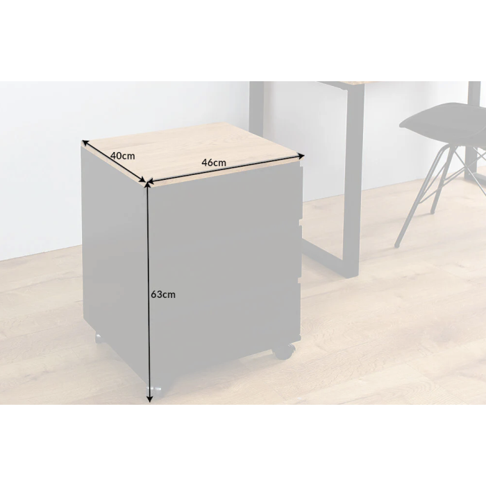 Caisson de bureau ZENTOR 3 tiroirs sur roulettes – Noir et aspect bois – 46 x 63 x 40 cm