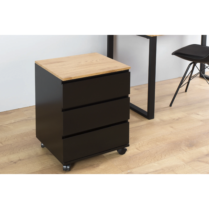 Caisson de bureau ZENTOR 3 tiroirs sur roulettes – Noir et aspect bois – 46 x 63 x 40 cm