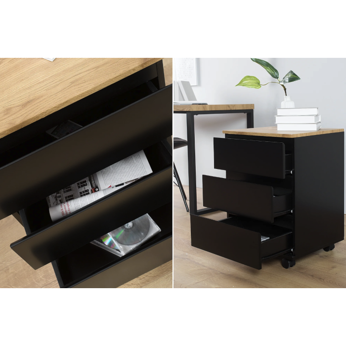 Caisson de bureau ZENTOR 3 tiroirs sur roulettes – Noir et aspect bois – 46 x 63 x 40 cm