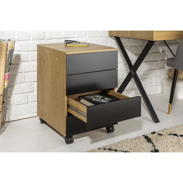 Caisson de bureau LUNISSIA 4 tiroirs sur roulettes – Noir et aspect bois – 40 x 61 x 45 cm