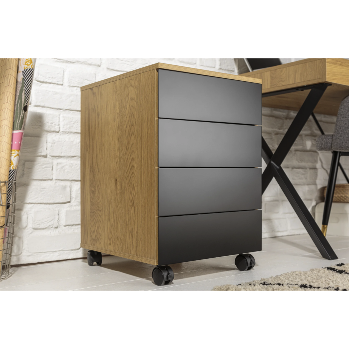 Caisson de bureau LUNISSIA 4 tiroirs sur roulettes – Noir et aspect bois – 40 x 61 x 45 cm