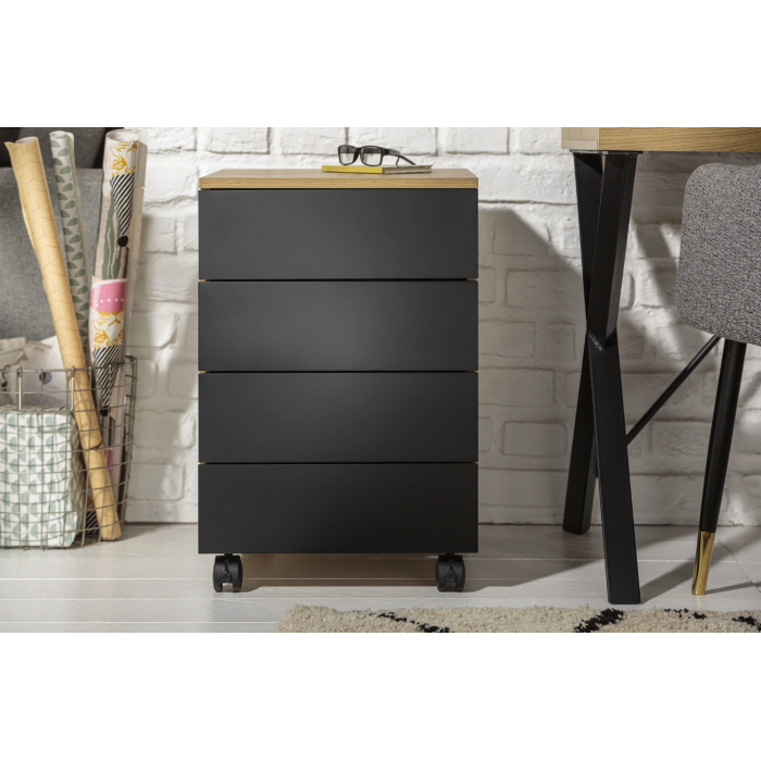 Caisson de bureau LUNISSIA 4 tiroirs sur roulettes – Noir et aspect bois – 40 x 61 x 45 cm