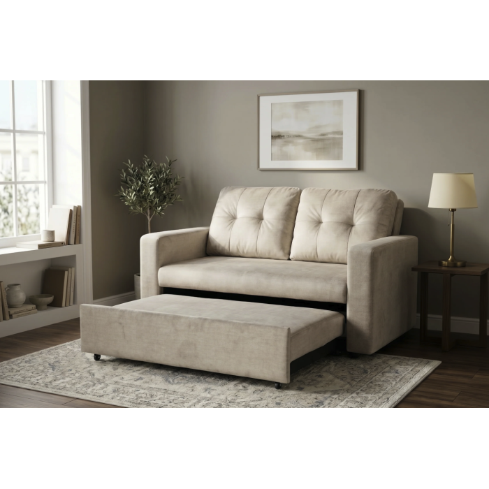 Canapé PRESTO convertible 2 places en velours – Beige champagne – 142 x 82 x 86 cm