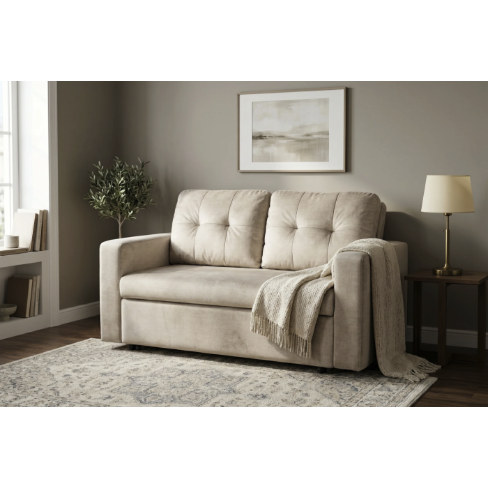 Canapé PRESTO convertible 2 places en velours – Beige champagne – 142 x 82 x 86 cm