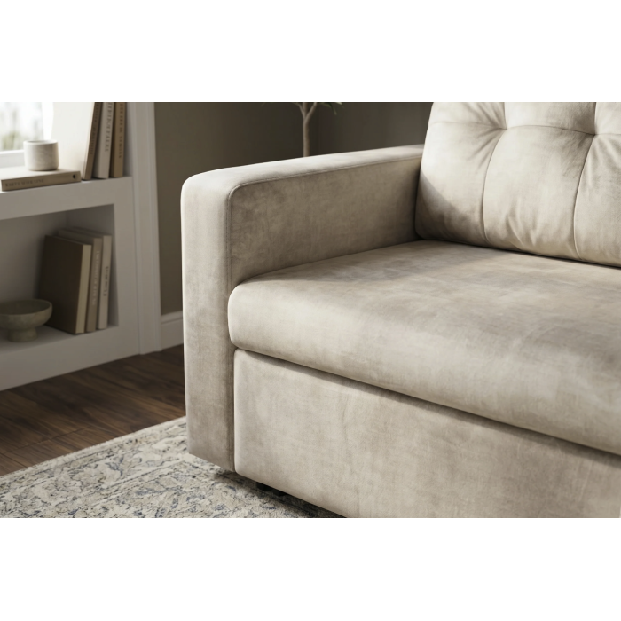 Canapé PRESTO convertible 2 places en velours – Beige champagne – 142 x 82 x 86 cm