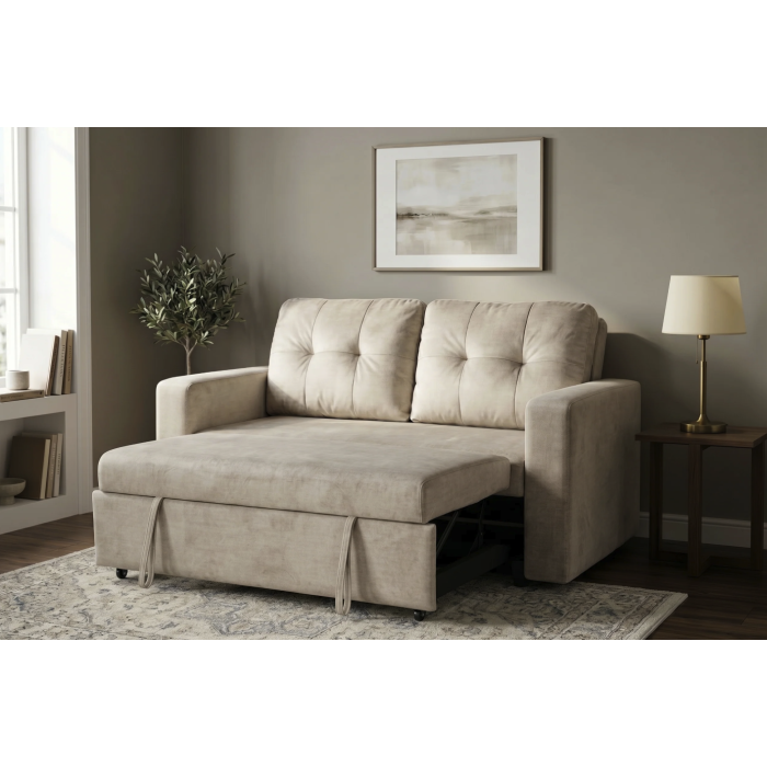 Canapé PRESTO convertible 2 places en velours – Beige champagne – 142 x 82 x 86 cm