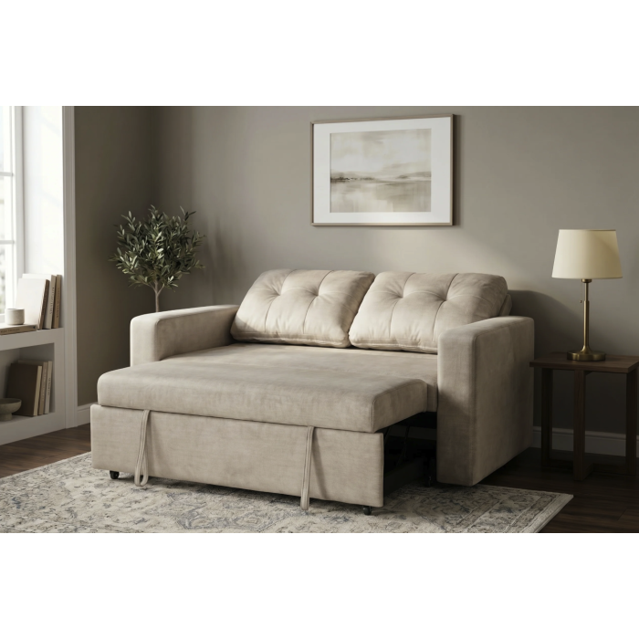 Canapé PRESTO convertible 2 places en velours – Beige champagne – 142 x 82 x 86 cm