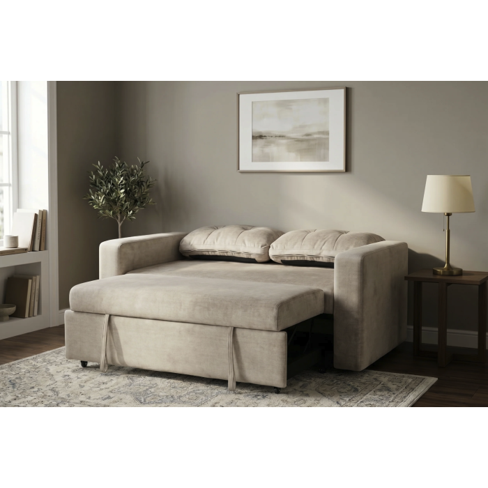 Canapé PRESTO convertible 2 places en velours – Beige champagne – 142 x 82 x 86 cm