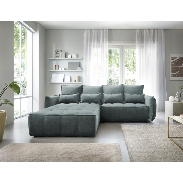 Canapé d'angle LUCAS convertible 4 places vert tissu – gauche – 265x196cm 