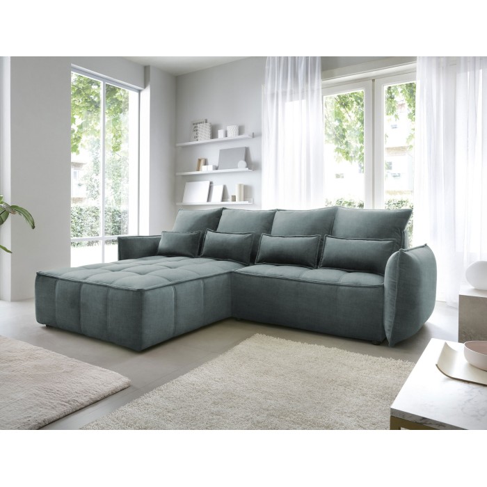 Canapé d'angle LUCAS convertible 4 places vert tissu – gauche – 265x196cm 