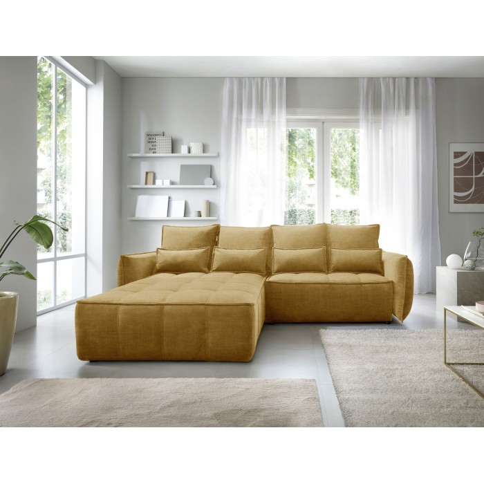 Canapé d'angle LUCAS convertible 4 places jaune tissu – gauche – 265x196cm 