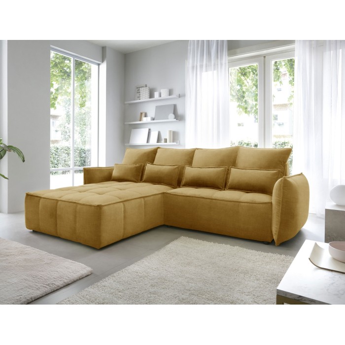 Canapé d'angle LUCAS convertible 4 places jaune tissu – gauche – 265x196cm 