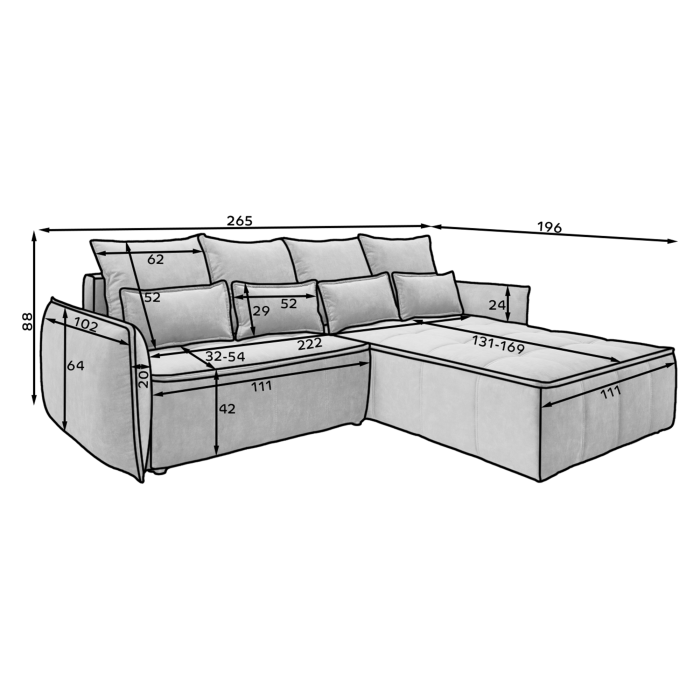 Canapé d'angle LUCAS convertible 4 places marron clair tissu – gauche – 265x196cm 