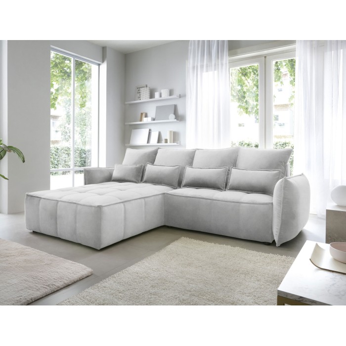 Canapé d'angle LUCAS convertible 4 places gris clair tissu – gauche – 265x196cm 