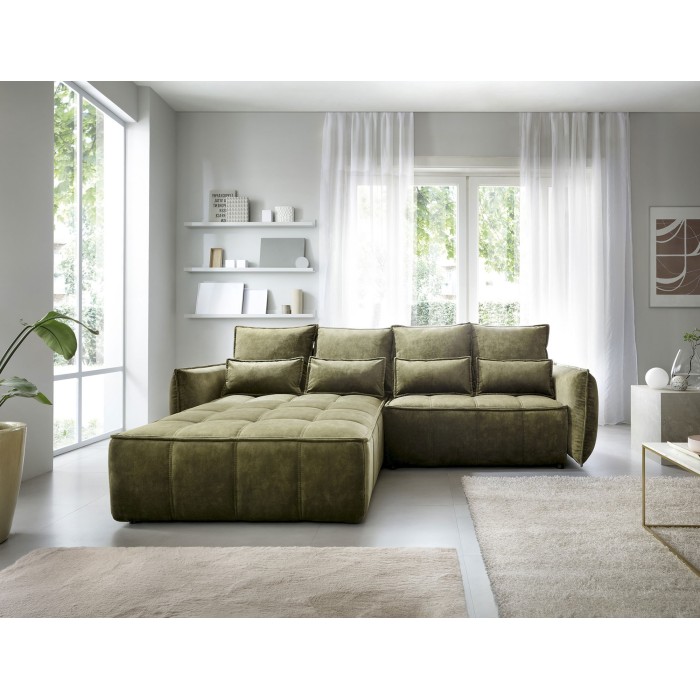 Canapé d'angle LUCAS convertible 4 places vert tissu – gauche – 265x196cm 