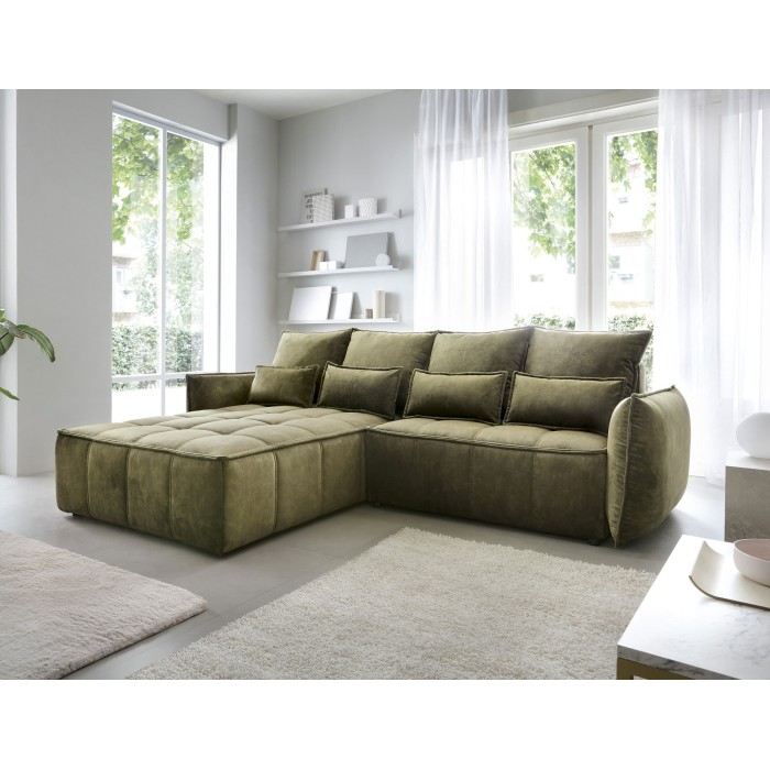 Canapé d'angle LUCAS convertible 4 places vert tissu – gauche – 265x196cm 