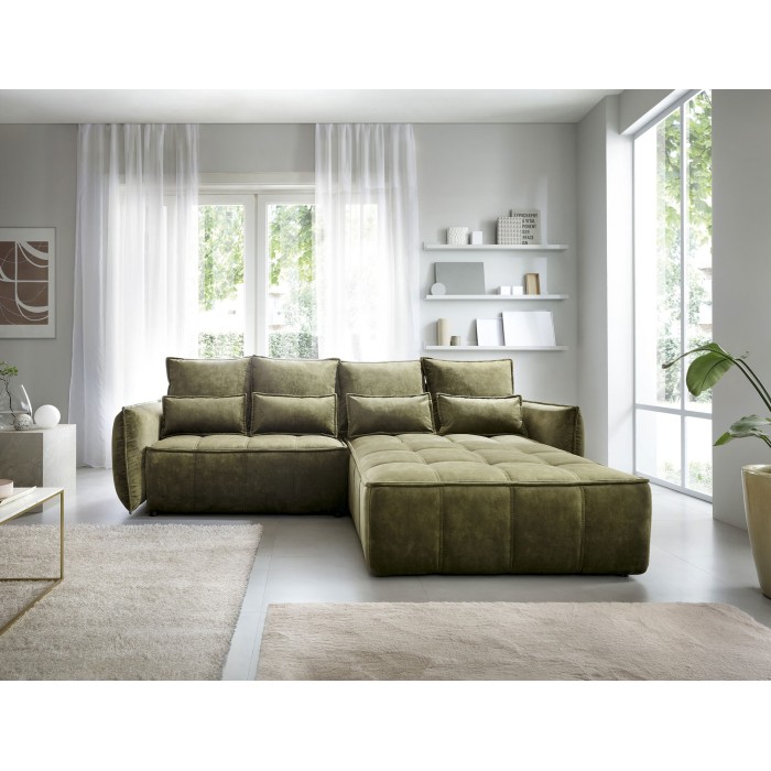 Canapé d'angle LUCAS convertible 4 places vert tissu – droit – 265x196cm 