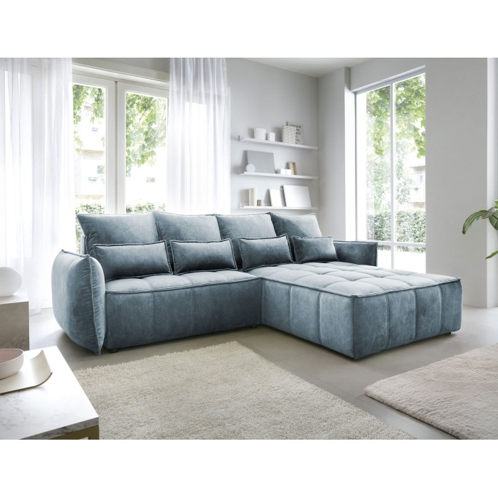 Canapé d'angle LUCAS convertible 4 places bleu clair tissu – droit – 265x196cm 