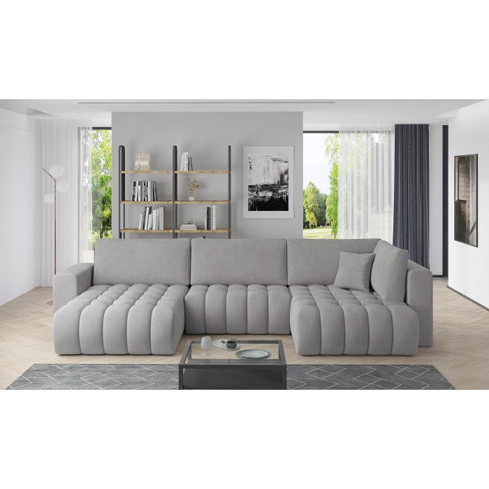 Canapé d'angle BONITA convertible 6 places gris clair effet velours – gauche – 350x175cm 