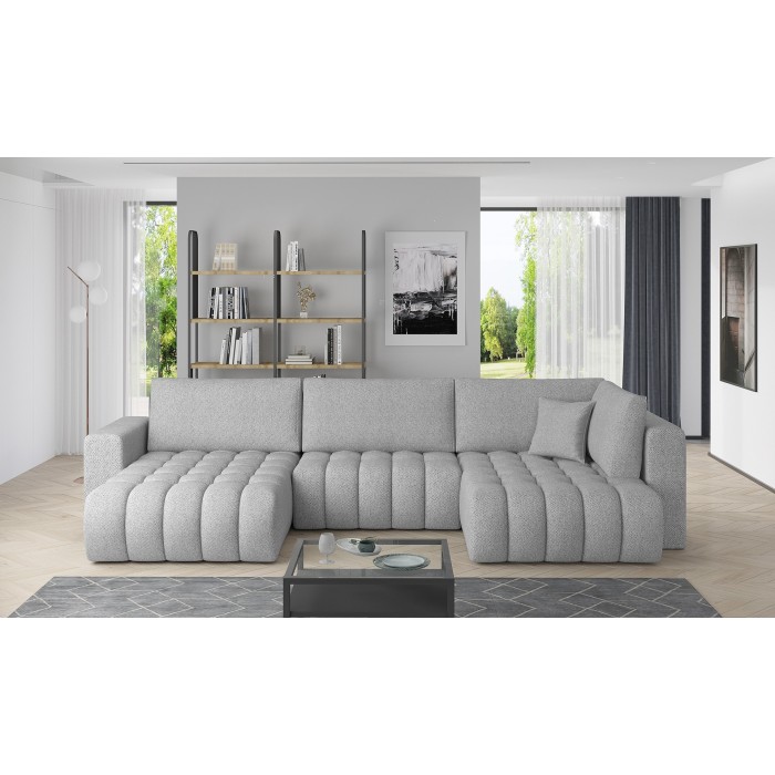 Canapé d'angle BONITA convertible 6 places gris clair tissu chenillé – gauche – 350x175cm 