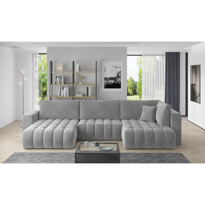 Canapé d'angle BONITA convertible 6 places gris clair effet velours – gauche – 350x175cm 