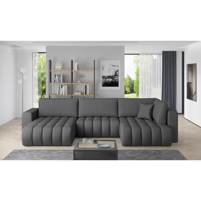 Canapé d'angle BONITA convertible 6 places gris foncé tissu chiné – gauche – 350x175cm 