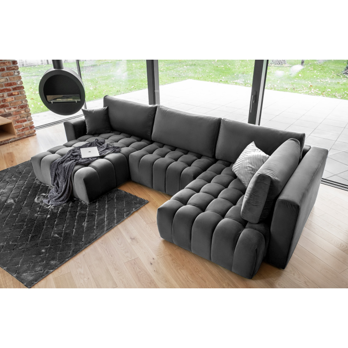 Canapé d'angle BONITA convertible 6 places gris foncé tissu – gauche – 350x175cm 
