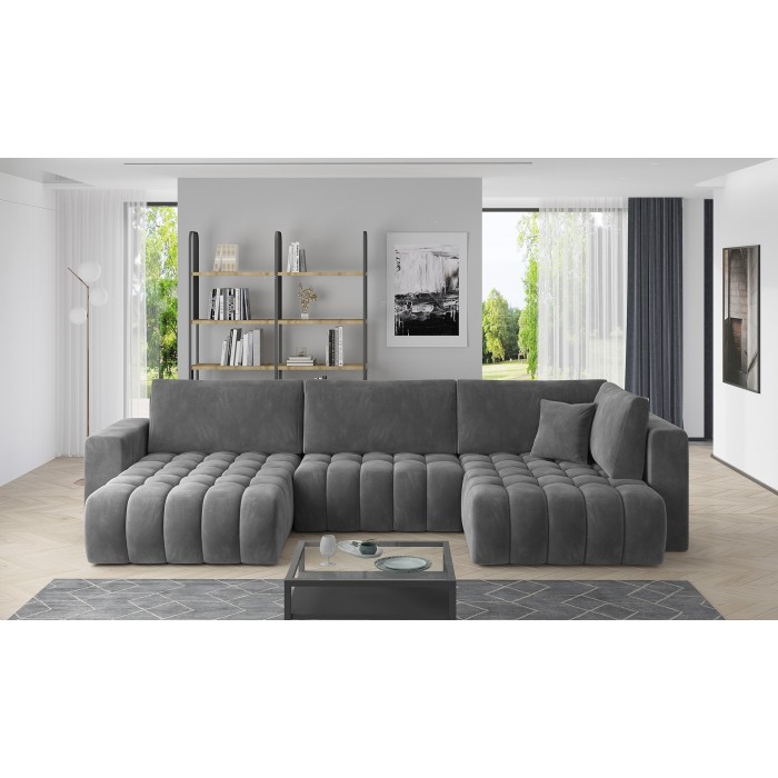 Canapé d'angle BONITA convertible 6 places gris foncé effet velours – gauche – 350x175cm 