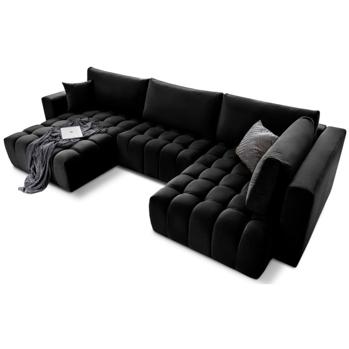 Canapé d'angle BONITA convertible 6 places noir effet velours – gauche – 350x175cm 