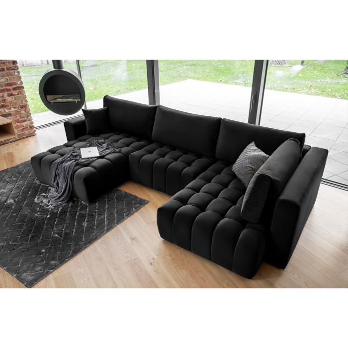 Canapé d'angle BONITA convertible 6 places noir effet velours – gauche – 350x175cm 
