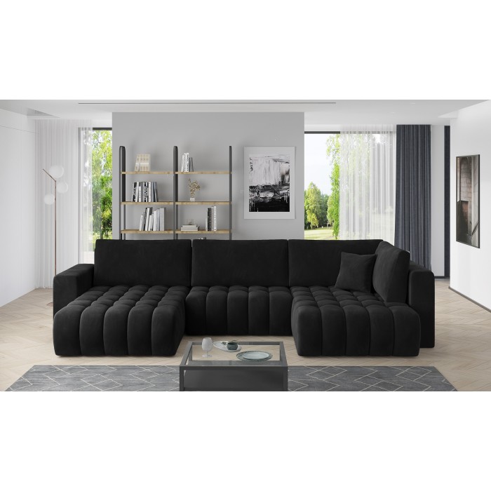 Canapé d'angle BONITA convertible 6 places noir effet velours – gauche – 350x175cm 