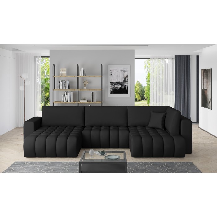 Canapé d'angle BONITA convertible 6 places noir tissu – gauche – 350x175cm 