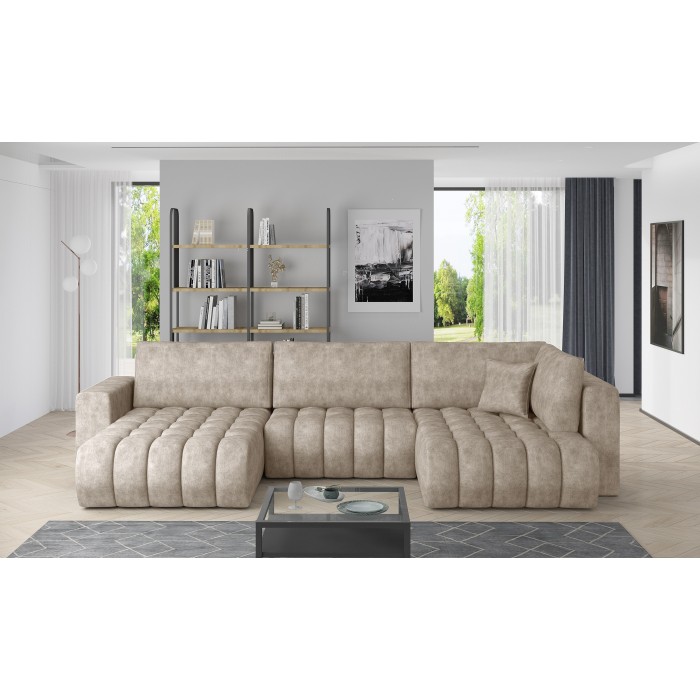 Canapé d'angle BONITA convertible 6 places beige effet marbré – gauche – 350x175cm 
