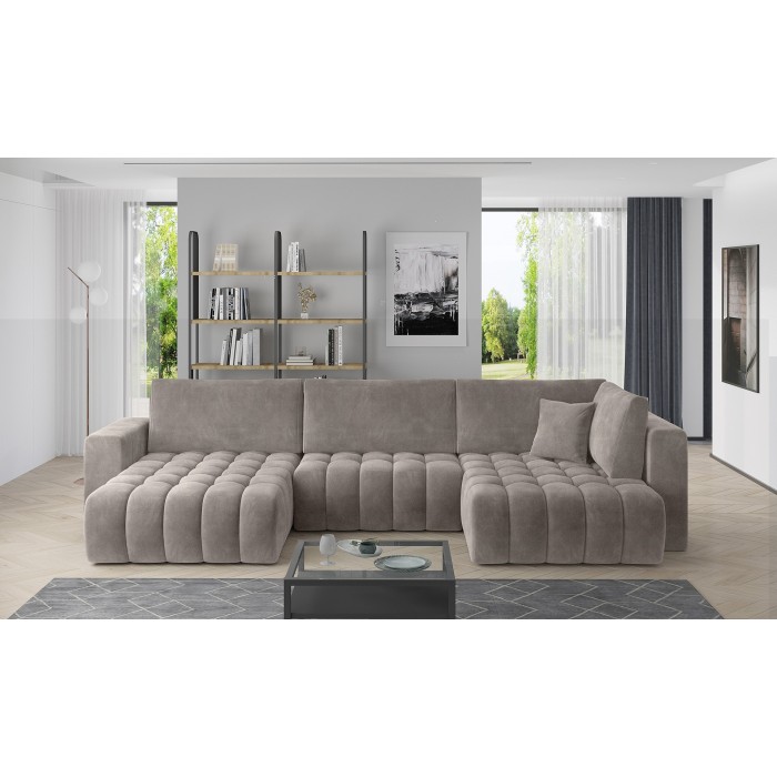 Canapé d'angle BONITA convertible 6 places beige effet tissu – gauche – 350x175cm 