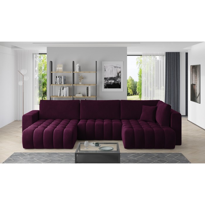 Canapé d'angle BONITA convertible 6 places violet foncé effet velours – gauche – 350x175cm 