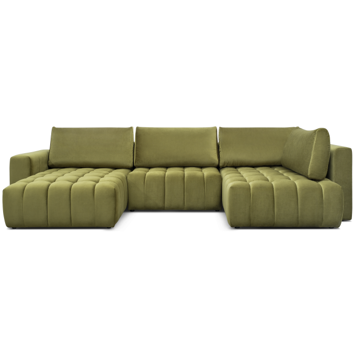 Canapé d'angle BONITA convertible 6 places vert caca d'oie effet velours – gauche – 350x175cm 