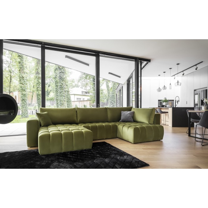 Canapé d'angle BONITA convertible 6 places vert caca d'oie effet velours – gauche – 350x175cm 