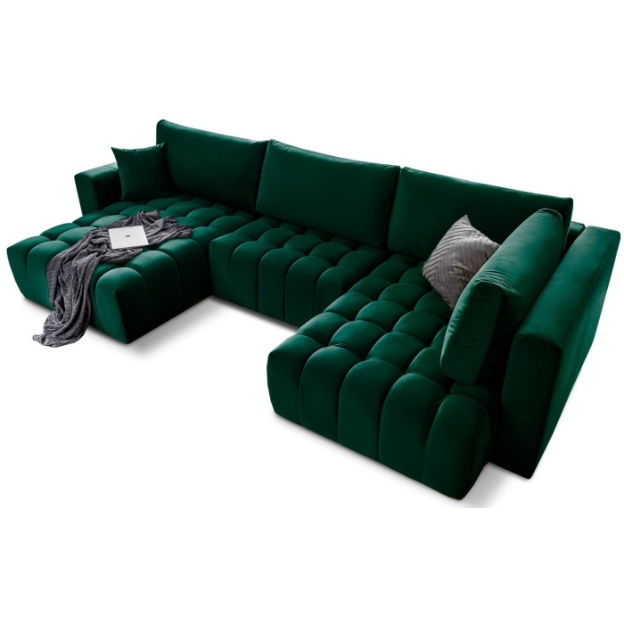 Canapé d'angle BONITA convertible 6 places vert foncé effet velours – gauche – 350x175cm 