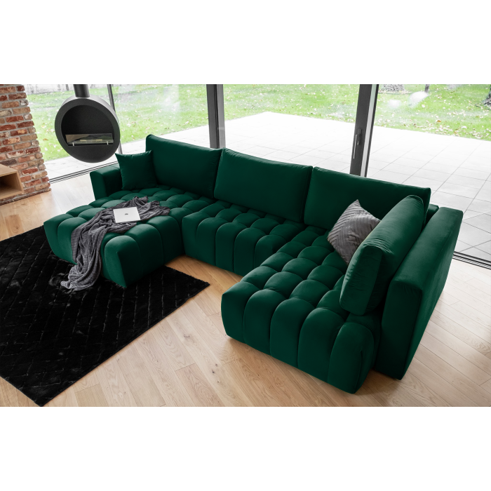 Canapé d'angle BONITA convertible 6 places vert foncé effet velours – gauche – 350x175cm 