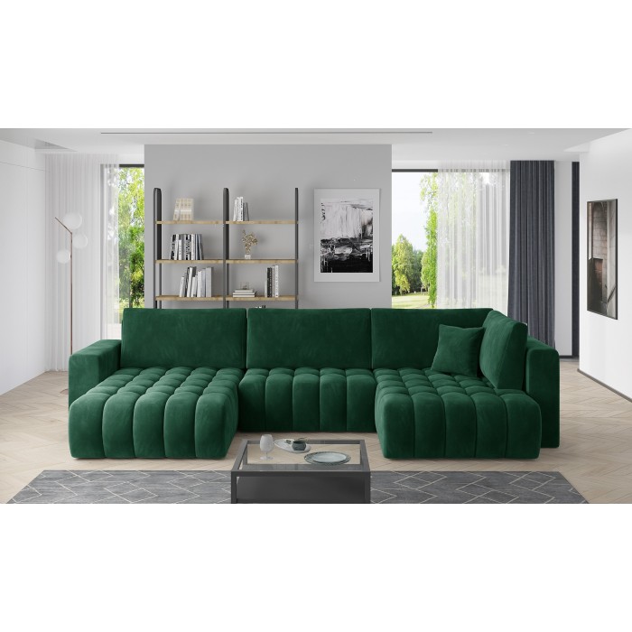 Canapé d'angle BONITA convertible 6 places vert foncé effet velours – gauche – 350x175cm 