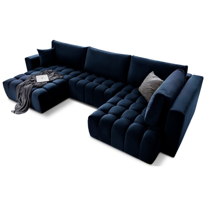 Canapé d'angle BONITA convertible 6 places bleu nuit tissu – gauche – 350x175cm 