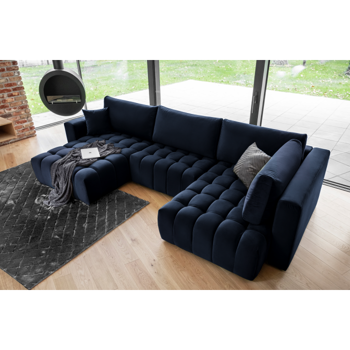 Canapé d'angle BONITA convertible 6 places bleu nuit tissu – gauche – 350x175cm 