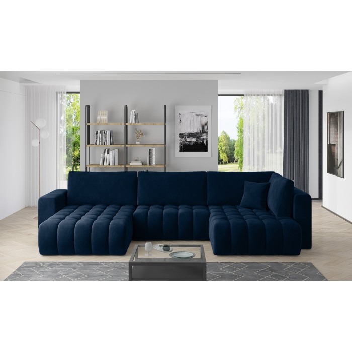 Canapé d'angle BONITA convertible 6 places bleu nuit effet velours – gauche – 350x175cm 