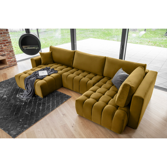 Canapé d'angle BONITA convertible 6 places jaune tissu – gauche – 350x175cm 