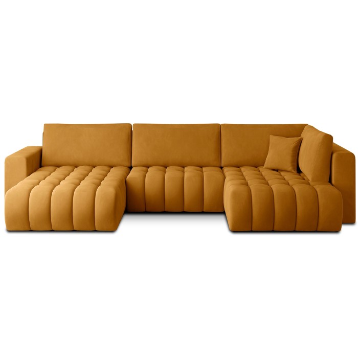 Canapé d'angle BONITA convertible 6 places jaune orangé tissu – gauche – 350x175cm 