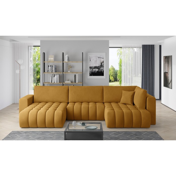 Canapé d'angle BONITA convertible 6 places jaune orangé tissu – gauche – 350x175cm 