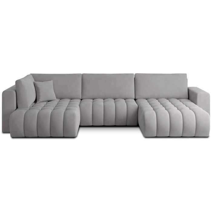 Canapé d'angle BONITA convertible 6 places gris clair effet velours – droit – 350x175cm 