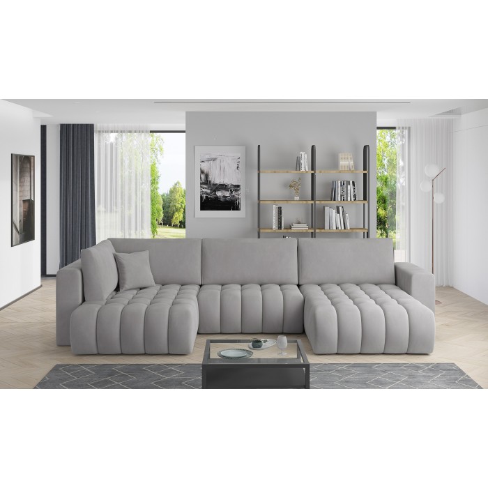 Canapé d'angle BONITA convertible 6 places gris clair effet velours – droit – 350x175cm 